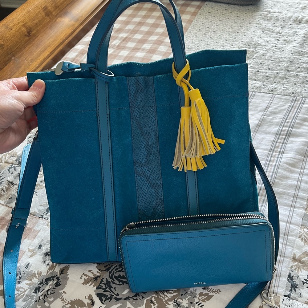 Fossil Blue and Yellow Tote Bag with wallet